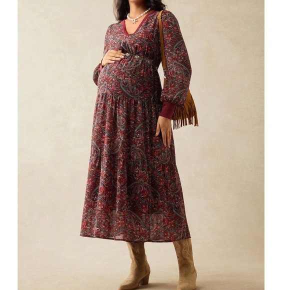 Maternity Paisley Print V neck High Waisted Long sleeve Dress - Picture 1 of 5